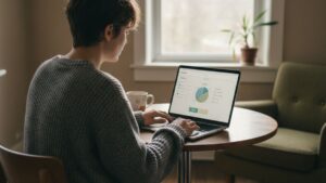 An unposed morning scene of a person reviewing a budgeting app on a laptop near a window — conveying focus and realism for 2025 Mint alternative reviews and budgeting tools