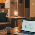Cozy evening home workspace with laptop, coffee mug, and notepad on a table, symbolizing side hustles single parents can do after kids are in bed.