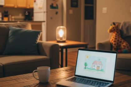 Cozy evening home workspace with laptop, coffee mug, and notepad on a table, symbolizing side hustles single parents can do after kids are in bed.