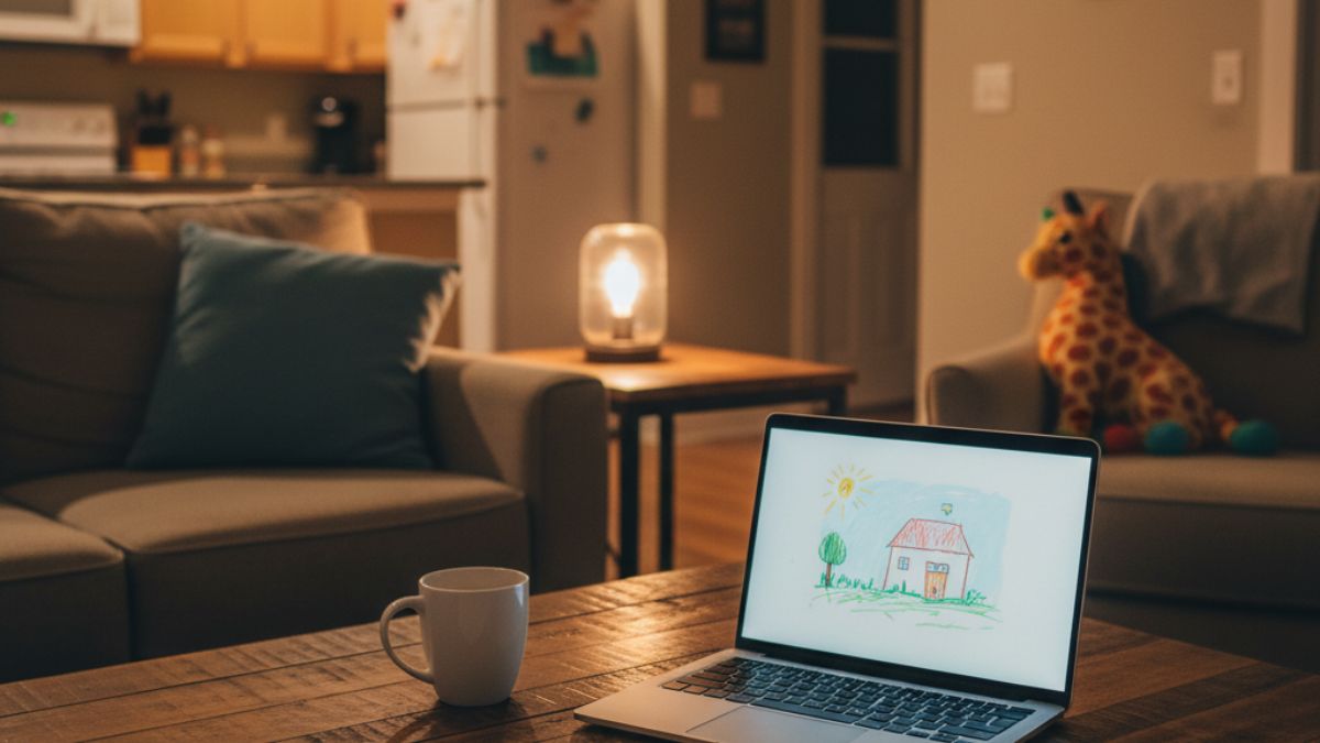 Cozy evening home workspace with laptop, coffee mug, and notepad on a table, symbolizing side hustles single parents can do after kids are in bed.