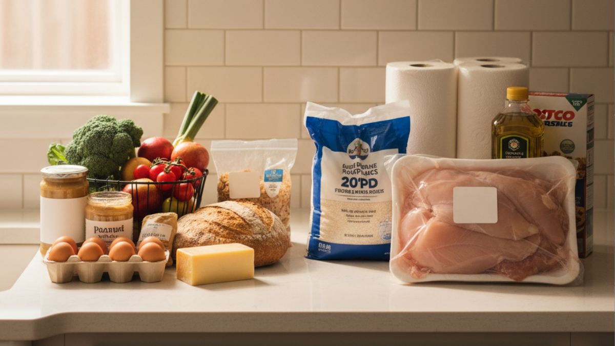 Side-by-side comparison of two grocery hauls — smaller affordable Aldi-style items and larger Costco-style bulk groceries — representing which saves more for families of four or more.