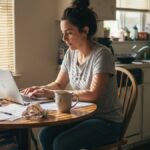 A single parent sitting at a sunny California kitchen table reviewing bills and finances, with a child’s art on the wall and light streaming through an open window, symbolizing hope and support.