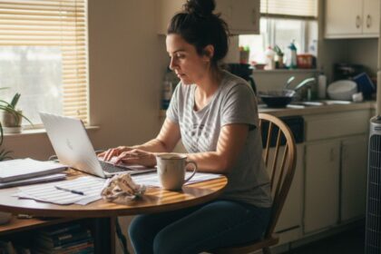 A single parent sitting at a sunny California kitchen table reviewing bills and finances, with a child’s art on the wall and light streaming through an open window, symbolizing hope and support.