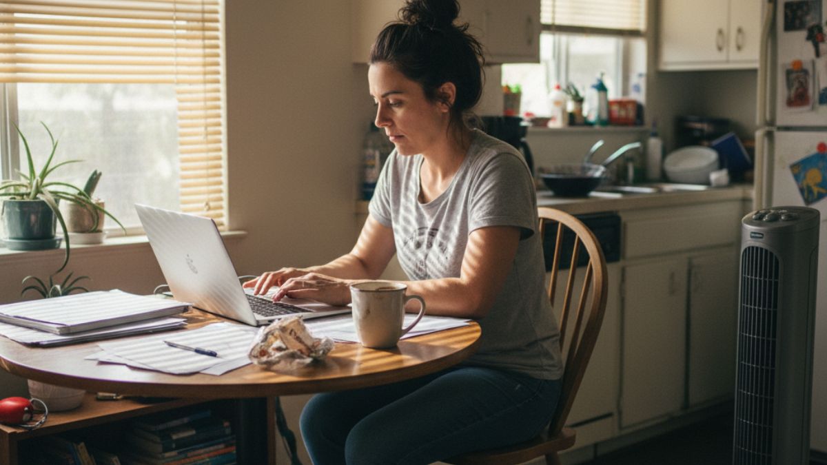 A single parent sitting at a sunny California kitchen table reviewing bills and finances, with a child’s art on the wall and light streaming through an open window, symbolizing hope and support.