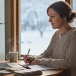 A single parent sitting at a kitchen table reviewing bills with sunlight coming through the window, symbolizing hope and financial stability.