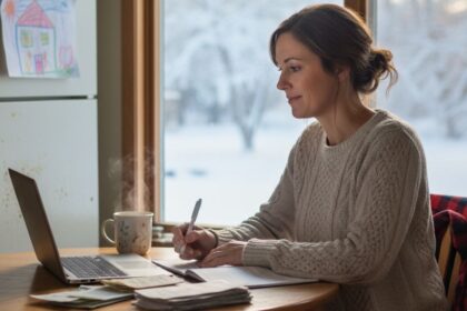 A single parent sitting at a kitchen table reviewing bills with sunlight coming through the window, symbolizing hope and financial stability.