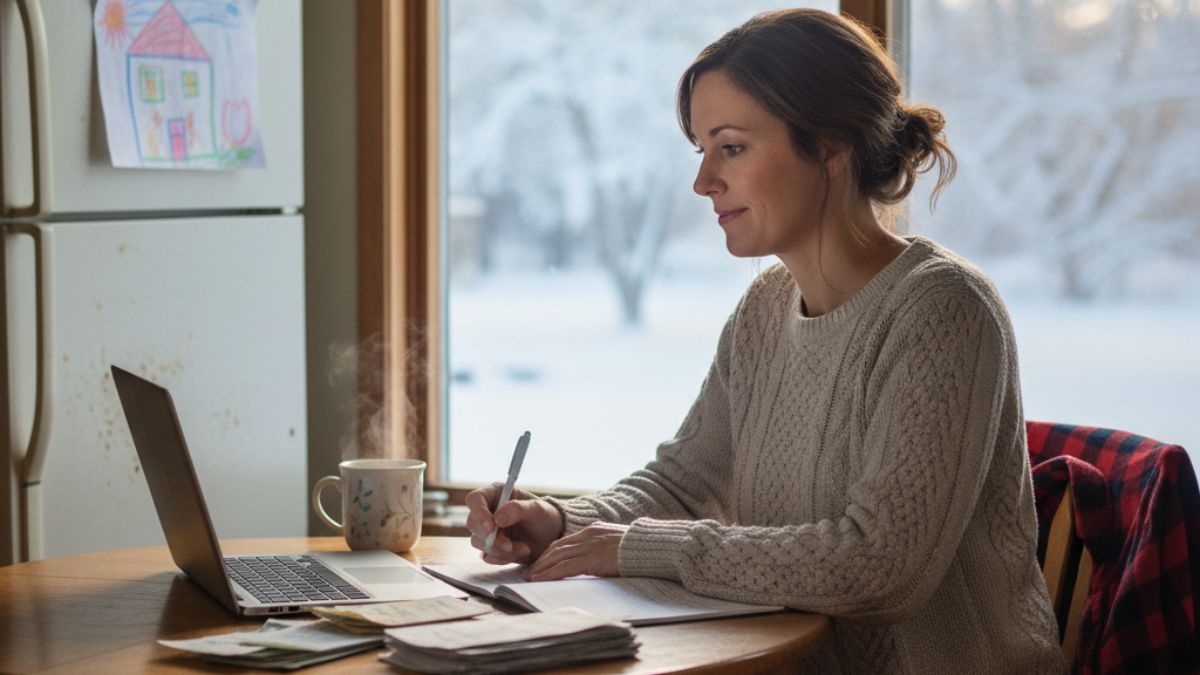 A single parent sitting at a kitchen table reviewing bills with sunlight coming through the window, symbolizing hope and financial stability.