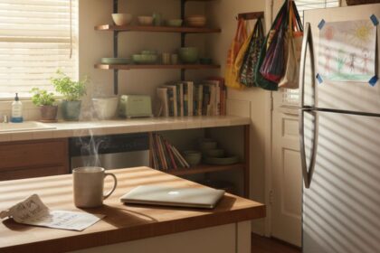 A quiet morning scene in a modest kitchen with soft sunlight filtering through blinds. A steaming coffee cup sits beside a folded grocery list and a closed laptop on the table, with a child’s drawing on the fridge in the background — a calm, hopeful moment that reflects everyday budgeting and fresh starts. Best Free Mint Alternatives for Budgeting