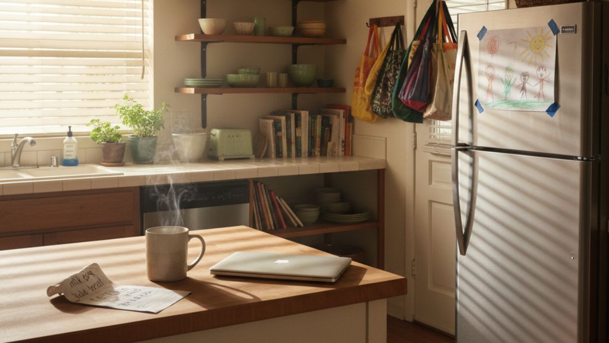 A quiet morning scene in a modest kitchen with soft sunlight filtering through blinds. A steaming coffee cup sits beside a folded grocery list and a closed laptop on the table, with a child’s drawing on the fridge in the background — a calm, hopeful moment that reflects everyday budgeting and fresh starts. Best Free Mint Alternatives for Budgeting