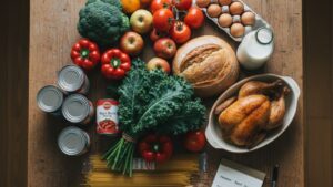 Budget-friendly $100 grocery haul for a family of three showing healthy, realistic meal ingredients for the week.