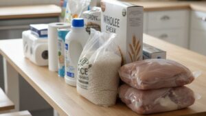 Bulk Costco-style grocery savings with large family packs of staples like rice, chicken, and household goods for families of four or more.