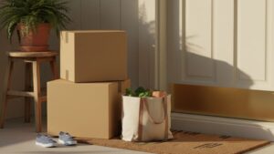 Delivered boxes and store bags waiting on a family porch, symbolizing bulk buying without a warehouse membership