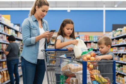Family of four using a phone list while shopping for groceries at Walmart, showing smart, budget-friendly shopping habits for large families.
