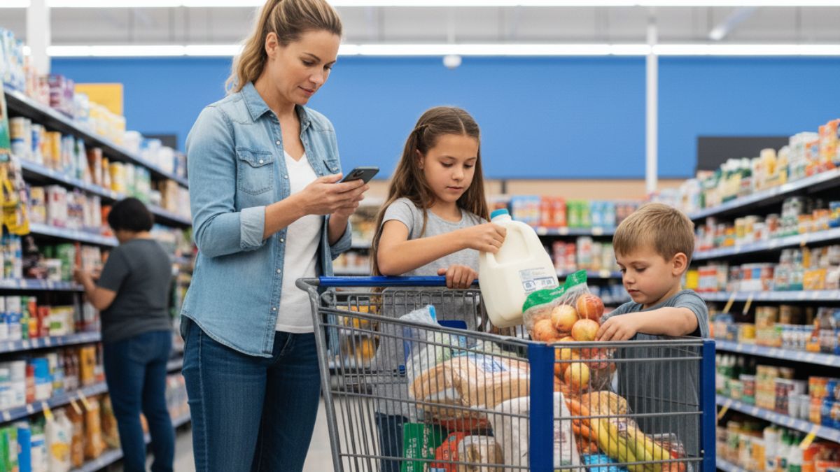Family of four using a phone list while shopping for groceries at Walmart, showing smart, budget-friendly shopping habits for large families.