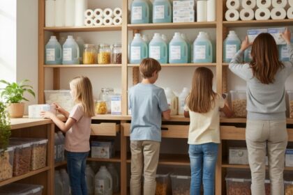 Family organizing household staples bought in bulk without a membership fee, showing smart and simple home savings