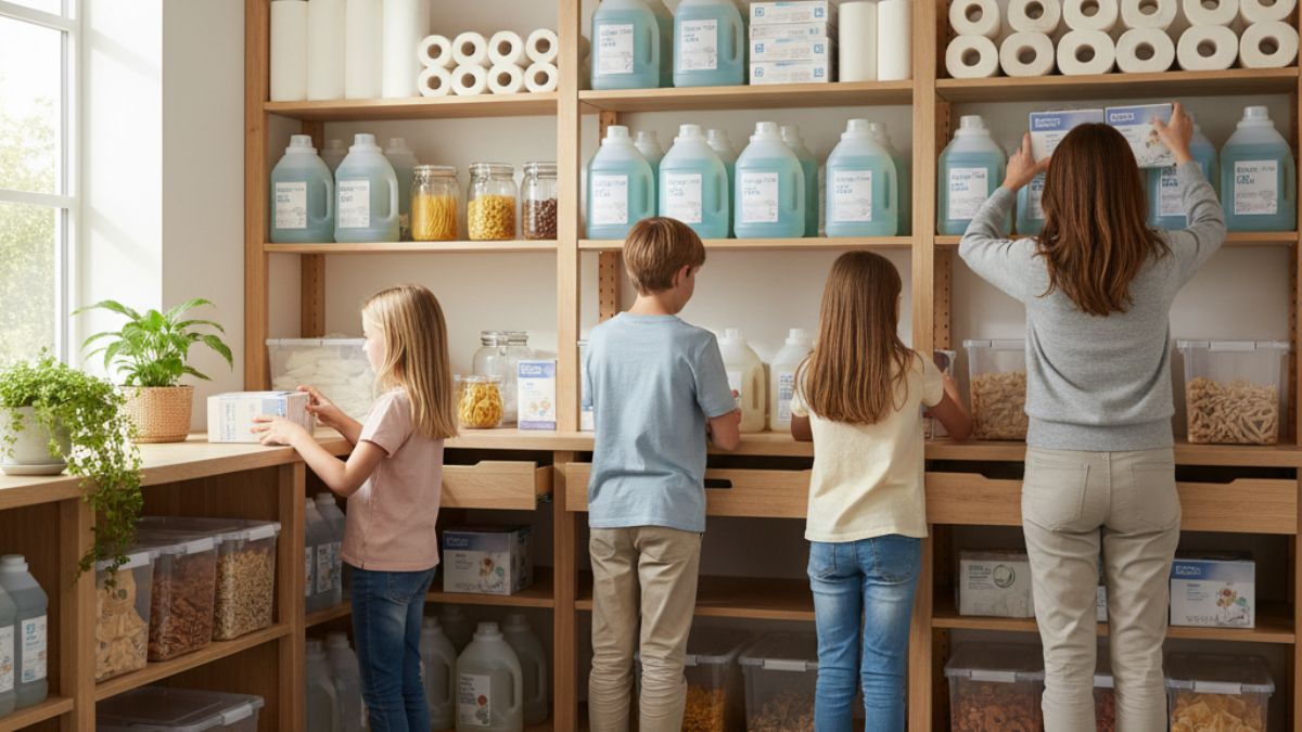 Family organizing household staples bought in bulk without a membership fee, showing smart and simple home savings