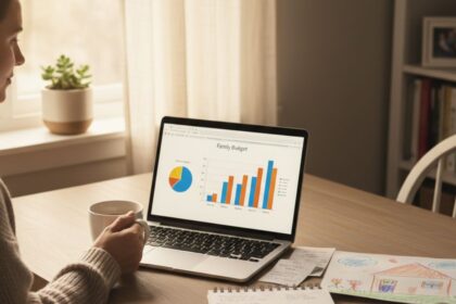 A parent sitting at a kitchen table reviewing a colorful budgeting chart on a laptop, with bills and notes nearby and morning light coming through the window — a realistic, calm scene representing 2025 Mint alternative reviews and modern budgeting apps for families.