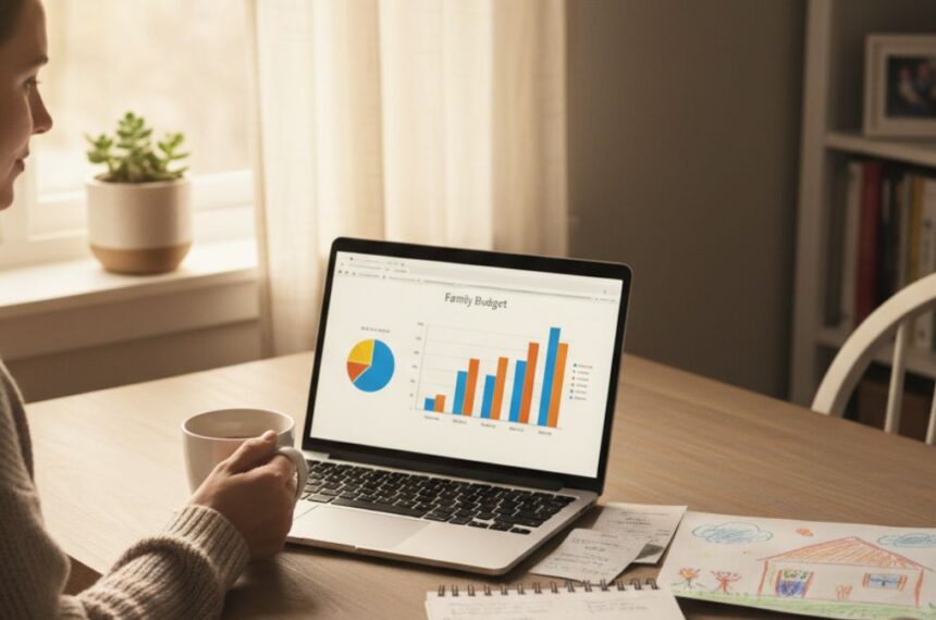 A parent sitting at a kitchen table reviewing a colorful budgeting chart on a laptop, with bills and notes nearby and morning light coming through the window — a realistic, calm scene representing 2025 Mint alternative reviews and modern budgeting apps for families.