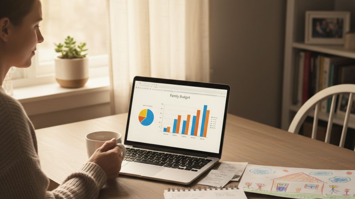 A parent sitting at a kitchen table reviewing a colorful budgeting chart on a laptop, with bills and notes nearby and morning light coming through the window — a realistic, calm scene representing 2025 Mint alternative reviews and modern budgeting apps for families.