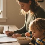 A parent standing at a kitchen counter writing in a budget notebook while their child eats breakfast nearby, soft morning light coming through a side window — a warm, authentic moment that reflects real-life money management and the everyday balance behind Mint alternatives for single parents.