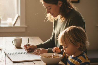 A parent standing at a kitchen counter writing in a budget notebook while their child eats breakfast nearby, soft morning light coming through a side window — a warm, authentic moment that reflects real-life money management and the everyday balance behind Mint alternatives for single parents.
