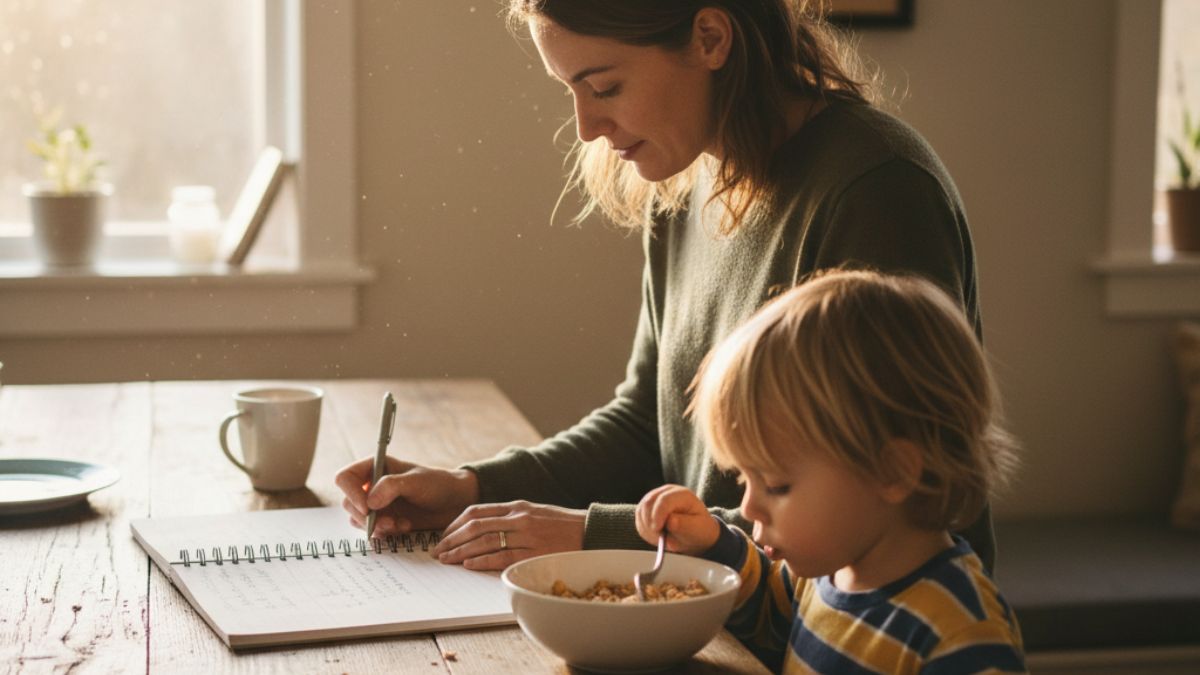 A parent standing at a kitchen counter writing in a budget notebook while their child eats breakfast nearby, soft morning light coming through a side window — a warm, authentic moment that reflects real-life money management and the everyday balance behind Mint alternatives for single parents.
