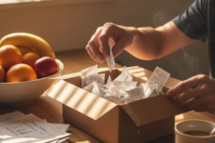 A parent sorting household receipts into a small box on a kitchen counter, surrounded by everyday items like fruit, school forms, and coffee, with sunlight streaming through blinds — a real-life moment that reflects practical, zero-fee budgeting and the simplicity of Mint alternatives that cost nothing.