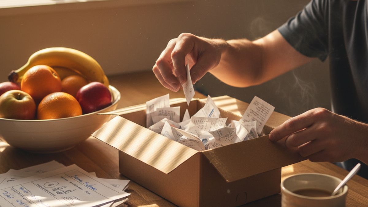 A parent sorting household receipts into a small box on a kitchen counter, surrounded by everyday items like fruit, school forms, and coffee, with sunlight streaming through blinds — a real-life moment that reflects practical, zero-fee budgeting and the simplicity of Mint alternatives that cost nothing.