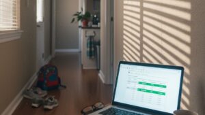 A candid household scene with an open laptop glowing softly in a quiet corner — capturing the lived-in feel behind Mint alternative reviews and real-life budgeting in 2025