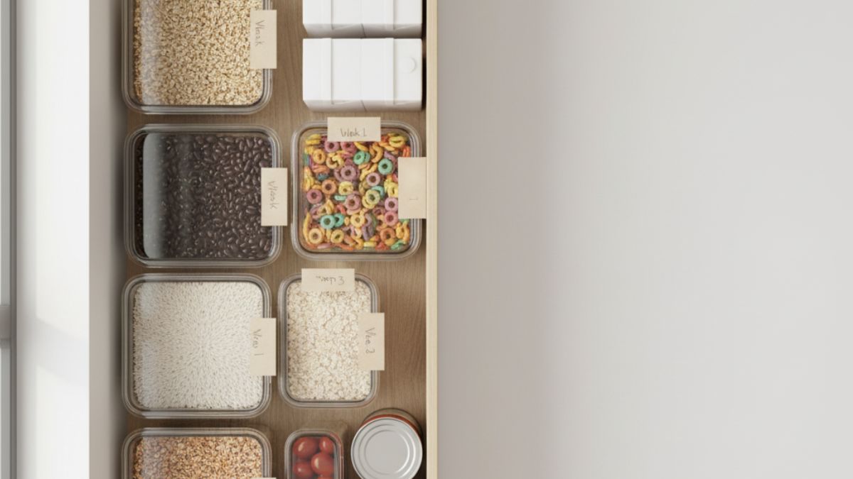 Neatly organized pantry shelf with clear containers of staples and simple week labels in soft morning light.