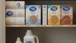 Organized pantry showing Walmart bulk items and household essentials for family budgeting