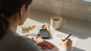 Parent planning a weekly grocery list and meal plan to feed a family of three on a $100 budget.