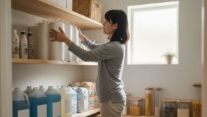 Parent restocking shelves with bulk household staples like paper towels and cleaning supplies in a bright family home.