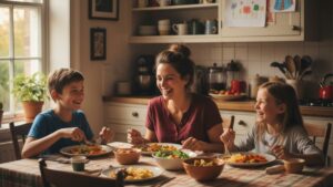 Single parent family of three sharing an affordable home-cooked dinner together as part of a $100 weekly meal plan.