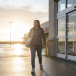Single parent walking into a grocery store with one reusable bag, symbolizing smart and intentional family budgeting