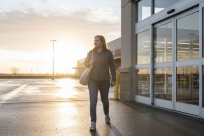 Single parent walking into a grocery store with one reusable bag, symbolizing smart and intentional family budgeting