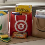 Family kitchen counter with Dollar Tree, Target, and Amazon bags filled with household essentials, showing comparison shopping for savings