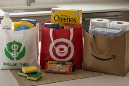 Family kitchen counter with Dollar Tree, Target, and Amazon bags filled with household essentials, showing comparison shopping for savings