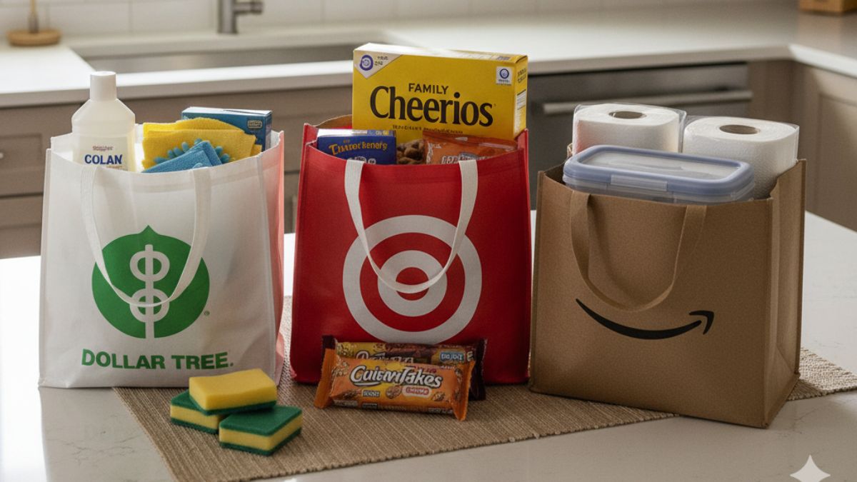 Family kitchen counter with Dollar Tree, Target, and Amazon bags filled with household essentials, showing comparison shopping for savings