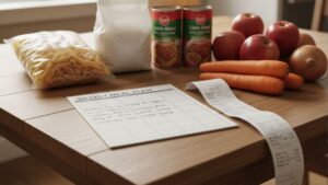 Weekly family meal plan and grocery list for saving money at Walmart.