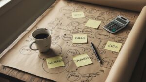 Visual budgeting map showing handwritten planning notes and financial goals for single parents creating their own toolkit.