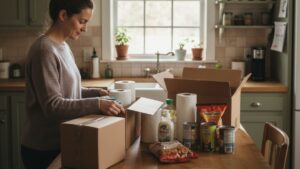Parent unpacking household essentials from mixed discount store bags and boxes in a bright family kitchen.