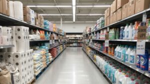 Realistic grocery store aisle with bulk household essentials stacked on shelves, showing how single parents can shop for bulk items without a membership fee.