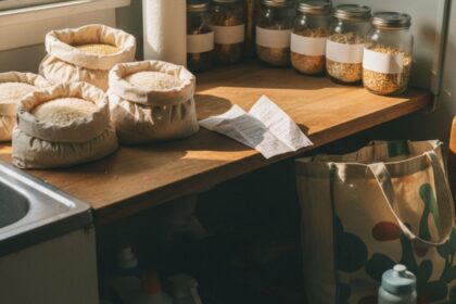 A realistic kitchen counter with open bags of rice, mason jars, and a handwritten grocery list, showing a single parent’s practical approach to buying household staples in bulk without a membership fee.