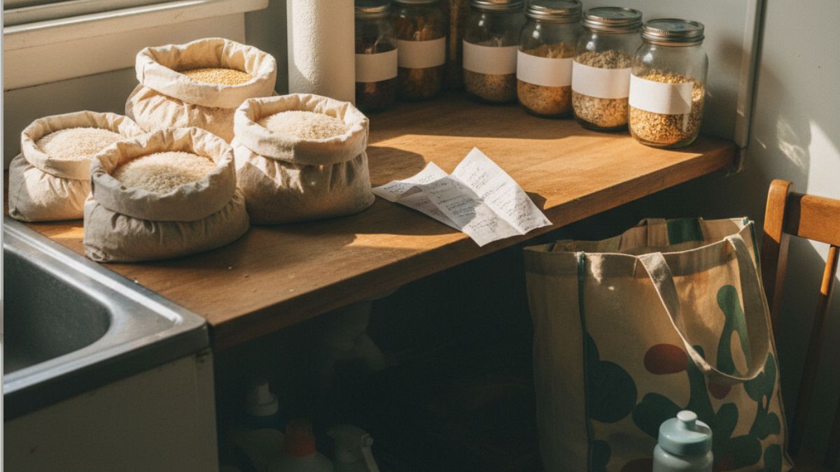 A realistic kitchen counter with open bags of rice, mason jars, and a handwritten grocery list, showing a single parent’s practical approach to buying household staples in bulk without a membership fee.