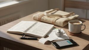 A realistic tabletop scene showing a grocery list, calculator, and coffee cup, representing a single parent planning bulk shopping on a budget without paying a membership fee.